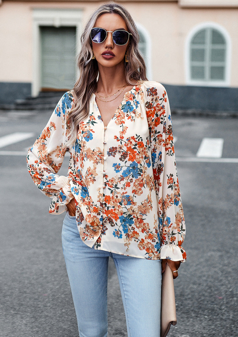 Women's Tops Casual Floral Print V-Neck Long Sleeve Shirts Loose