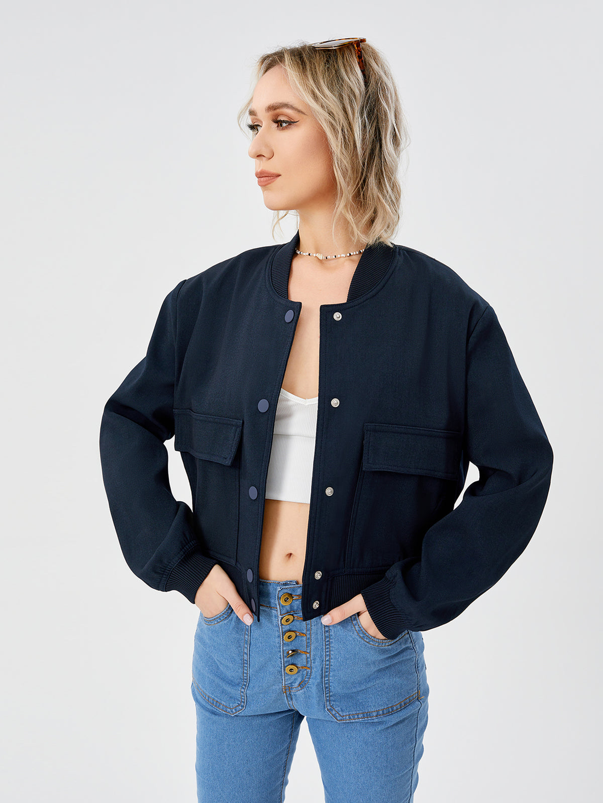 Women's Lightweight Cropped Bomber Jacket Casual Long Sleeve Varsity