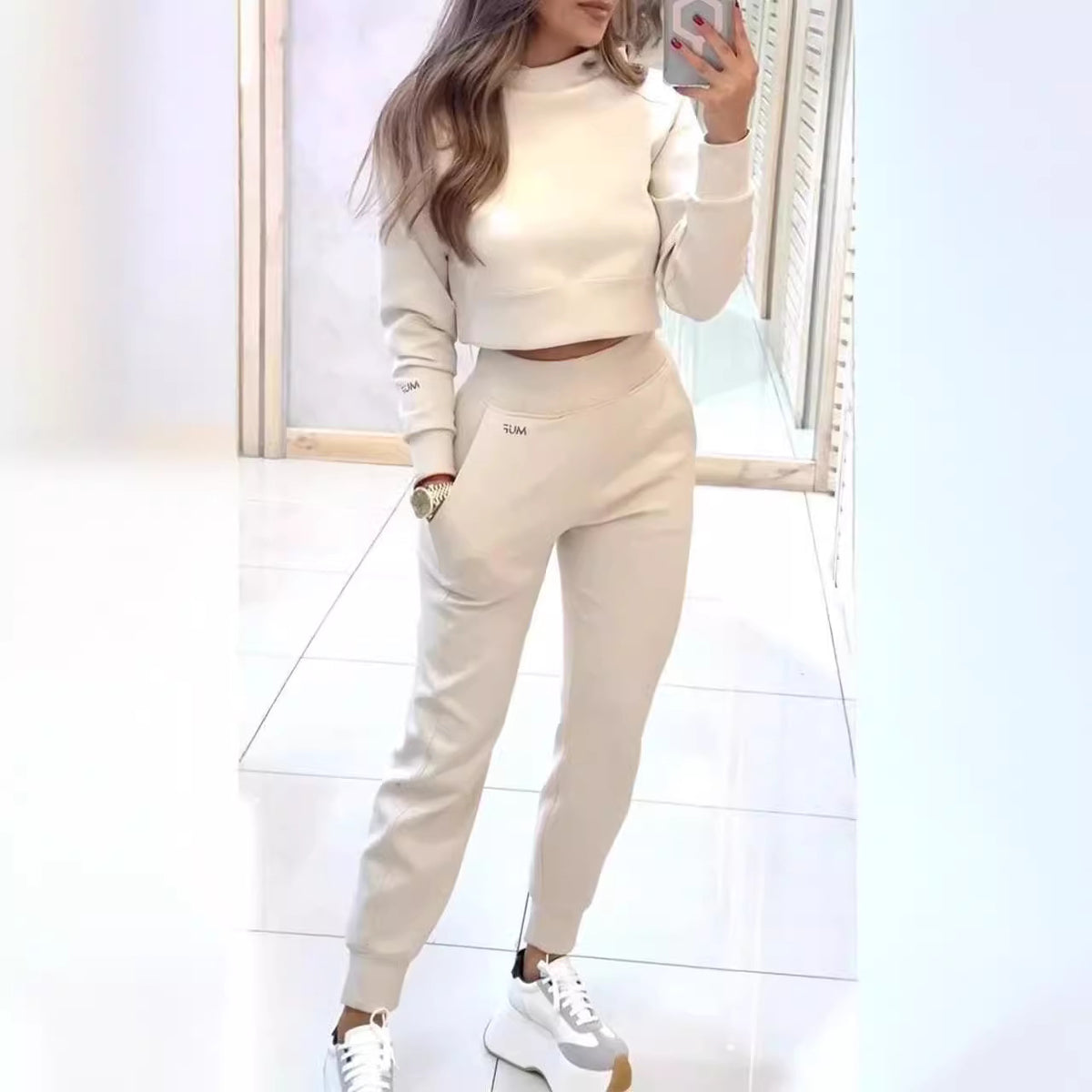 Stand Collar Sports Suit Fashion Pullover Long-Sleeves Short Top