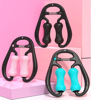 Adjustable ring-clip calf massage roller with spiral-textured rotating rollers and spring-controlled pressure, available in black, blue and pink.