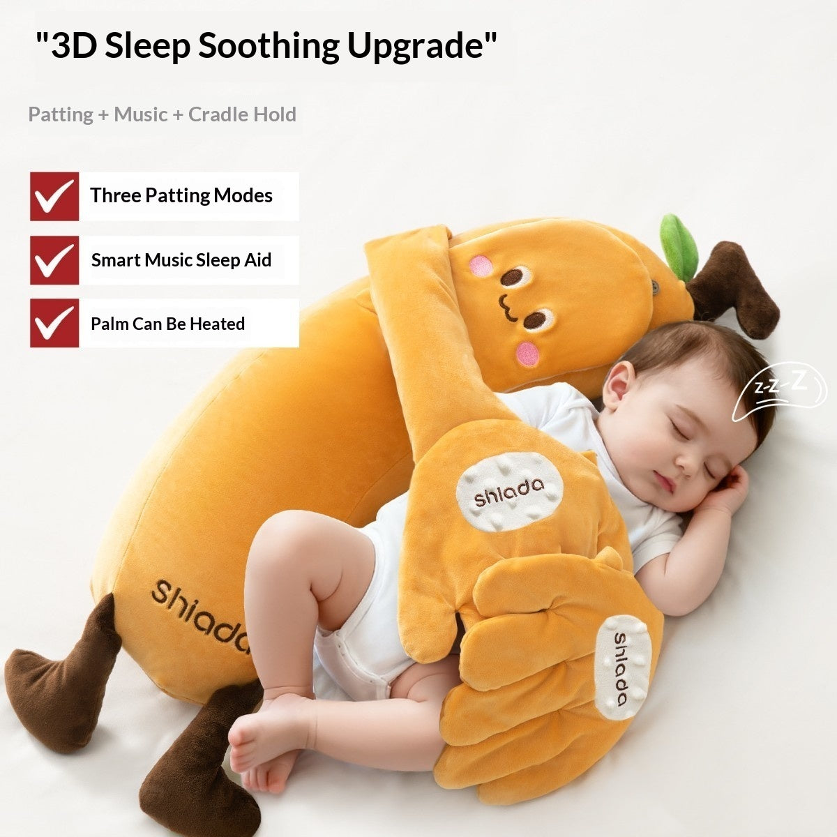 Baby soothing doll pillow with hand-shaped patting arms, soft polyester fiber filling, and detachable music arms, designed for newborns and infants.