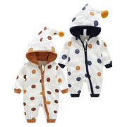 Printed cotton baby hooded crawling bodysuit with long sleeves and zipper closure, available in brown and dark blue and sizes 59–90 cm or 23.2–35.4 inches.