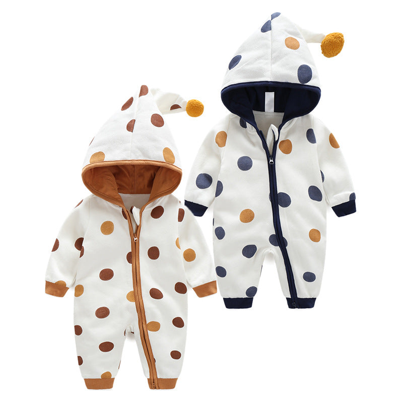 Printed cotton baby hooded crawling bodysuit with long sleeves and zipper closure, available in brown and dark blue and sizes 59–90 cm or 23.2–35.4 inches.