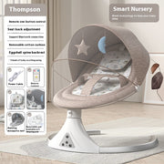 Electric baby rocking chair with Bluetooth music, metal frame and adjustable sitting and reclining positions, supporting up to 12 kg or 26.5 pounds.