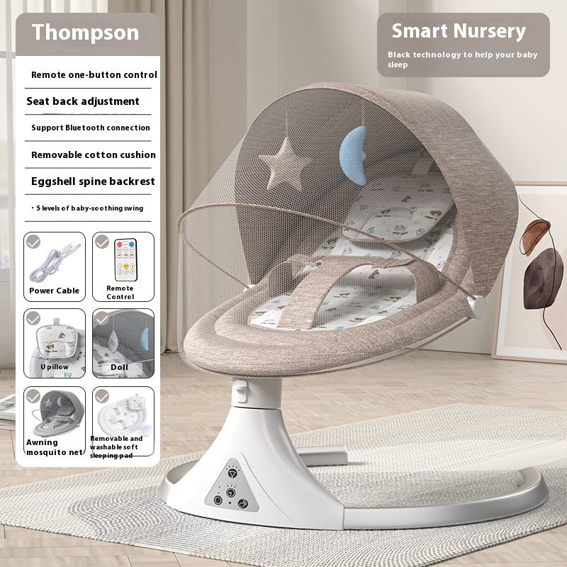 Electric baby rocking chair with Bluetooth music, metal frame and adjustable sitting and reclining positions, supporting up to 12 kg or 26.5 pounds.