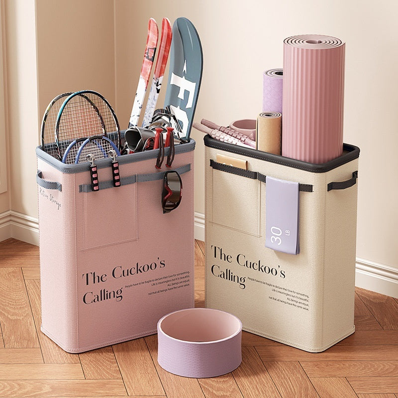 Foldable fabric yoga equipment storage box with a 40–50 litre capacity, measuring 52 × 39 × 20 cm or 20.5 × 15.4 × 7.9 inches.