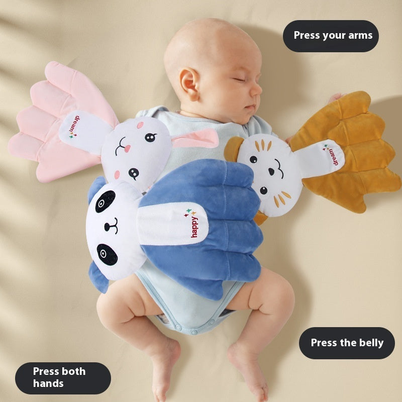 Cartoon palm-shaped baby comfort pillow filled with heatable red beans and available in tiger, panda, bunny and green character designs.