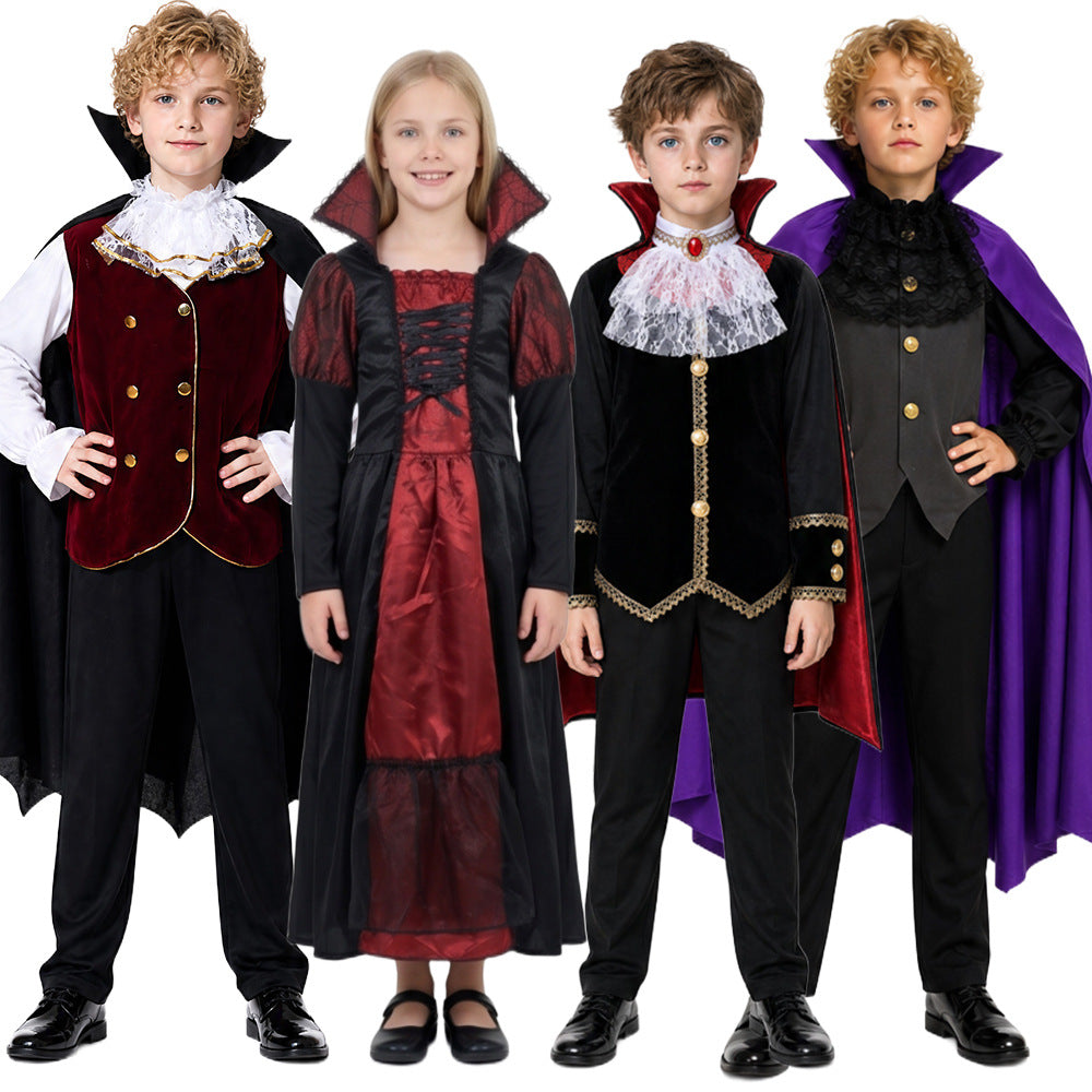Four children modelling vampire costumes, including a red and black dress and cape outfits with red, gold, and purple details.