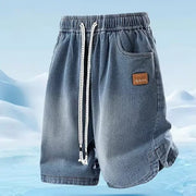 Men’s American-style cotton denim shorts with a straight-leg cut and non-stretch construction, available in Light Blue and Retro Blue.