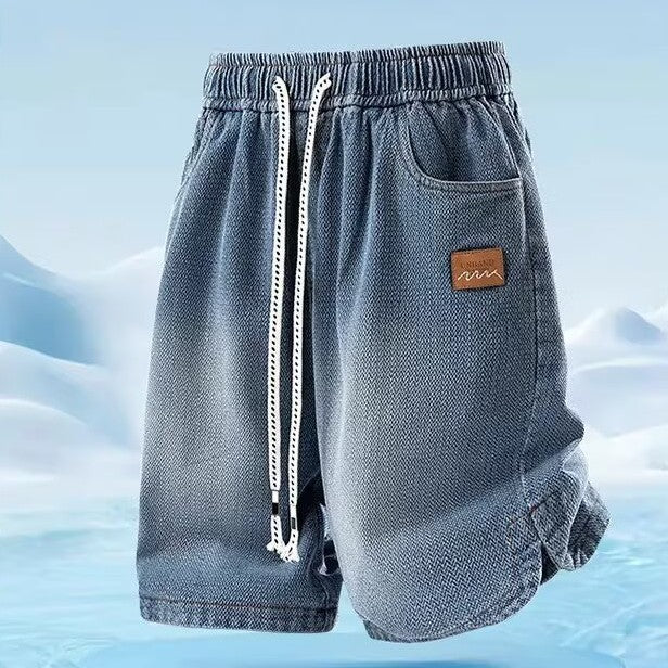Men’s American-style cotton denim shorts with a straight-leg cut and non-stretch construction, available in Light Blue and Retro Blue.