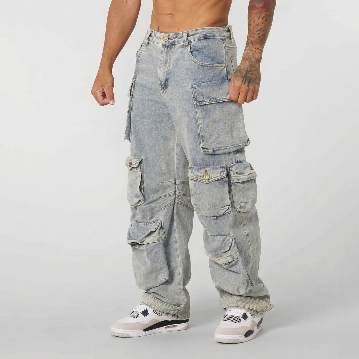 Men’s Retro Loose-Fit Straight-Leg Multi-Pocket Jeans