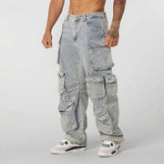 Men’s retro loose-fit washed denim jeans with a straight-leg cut, mid-rise waist and multiple utility pockets, available in black and light blue.