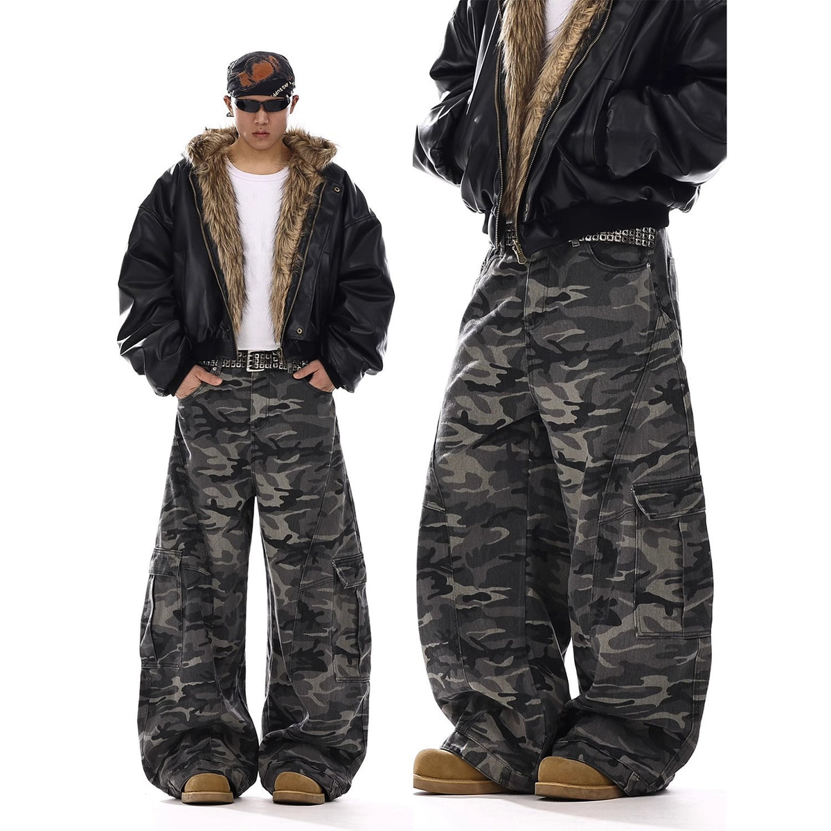 Men’s retro washed loose wide-leg cotton denim cargo pants with a mid-rise drawstring waist, available in black and yellow mud.