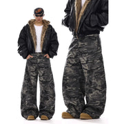 Men’s retro washed loose wide-leg cotton denim cargo pants with a mid-rise drawstring waist, available in black and yellow mud.