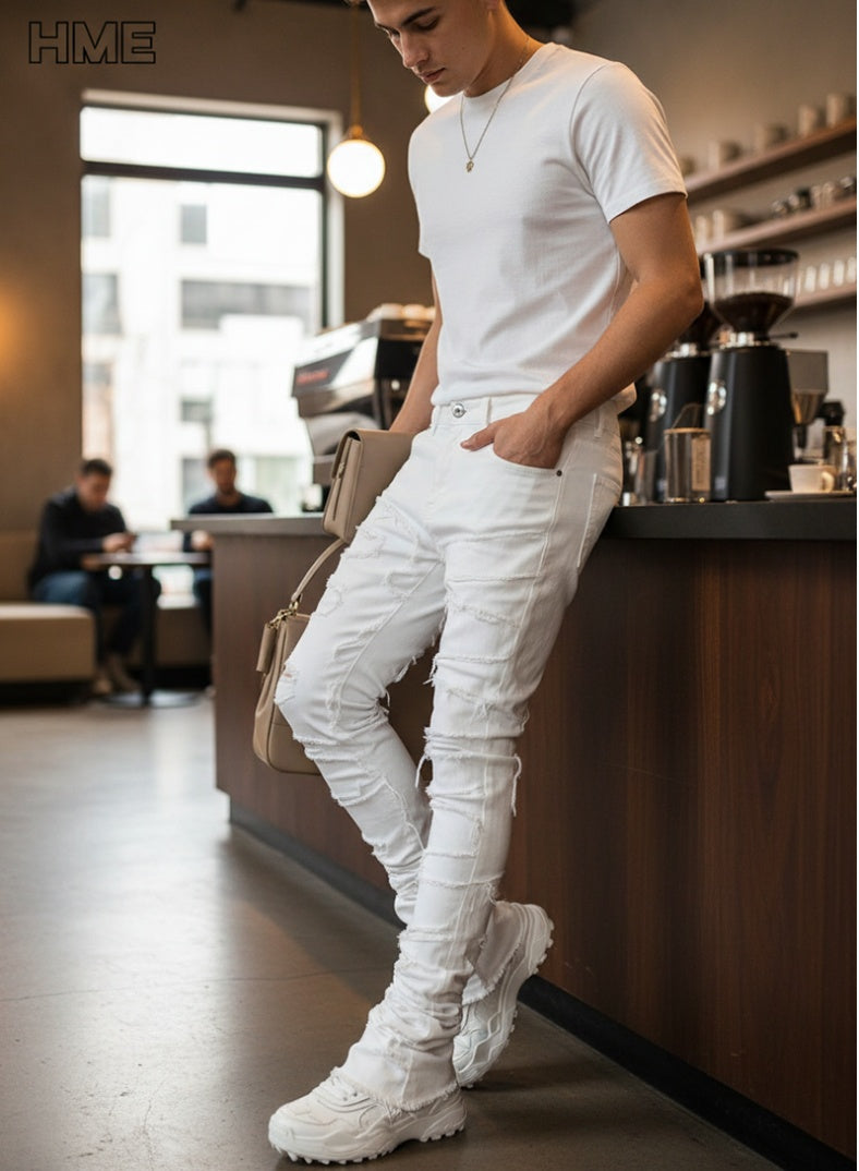 Men’s slim straight-leg cotton-blend stretch pants made from 80% cotton, 18% polyester and 2% elastane, available in sizes S to XXXL.