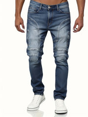 Men’s slim straight-leg stretch pants with a slightly flared hem, made from an 80% cotton blend and available in waist sizes 30 to 40.