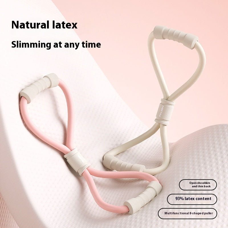 Multifunctional figure-eight TPR resistance band for yoga, stretching and light home fitness exercises, available in green, blue, pink and white.