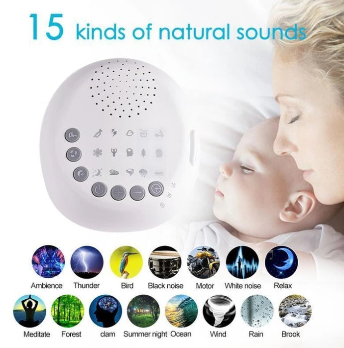 White portable baby white noise machine with nine soothing sounds, adjustable volume, soft indicator light and 15-, 30- and 60-minute timers.