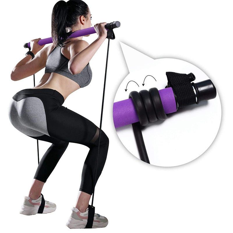 Portable Pilates workout bar with elastic resistance bands, featuring a 96 cm or 37.8-inch steel bar and 82 cm or 32.3-inch cords.