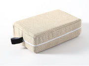 Printed polyester yoga block cover available in beige, green and grey, measuring 23.5 × 15 × 8 cm or 9.3 × 5.9 × 3.1 inches.