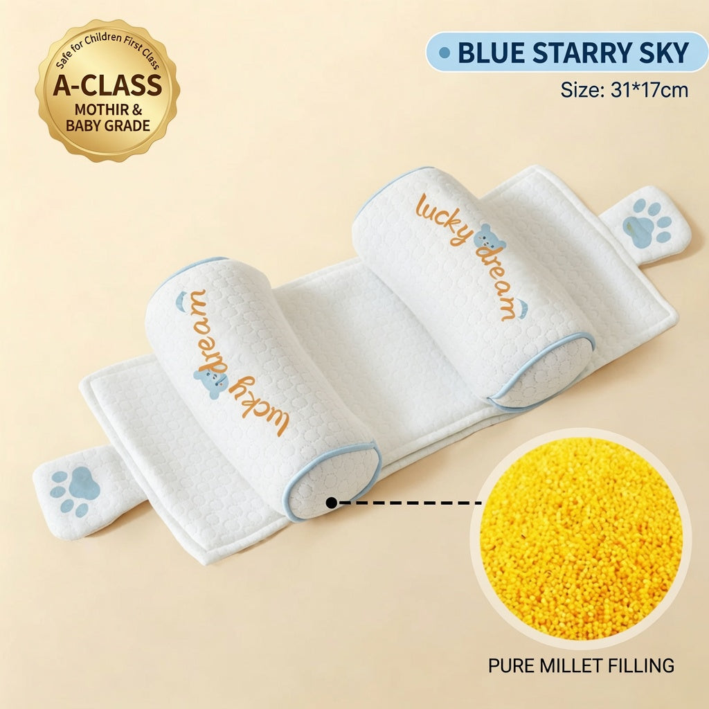 Rectangular baby side support pillow with padded sponge and polyester-fibre filling, available in blue cactus, potted plant and white cartoon designs.
