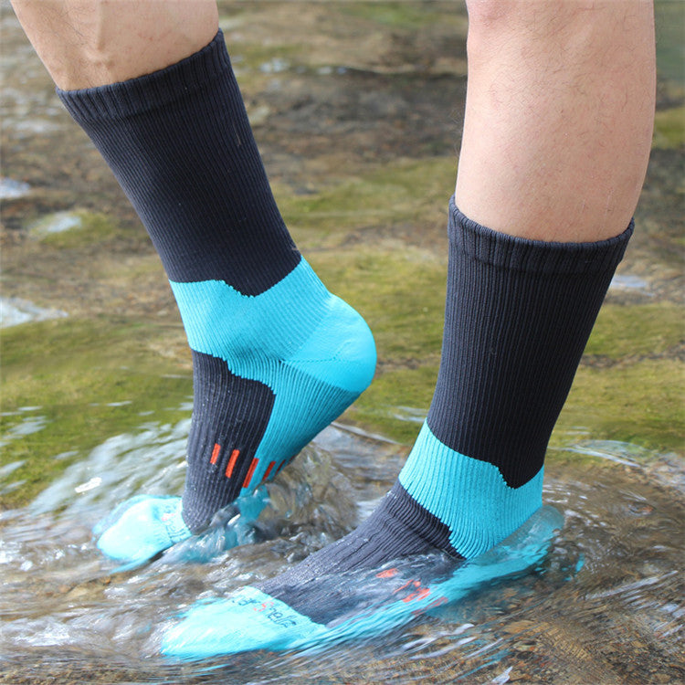 Unisex nylon waterproof outdoor sports socks with a mid-calf design, available in multiple striped and colour-block styles and sizes S to XL.