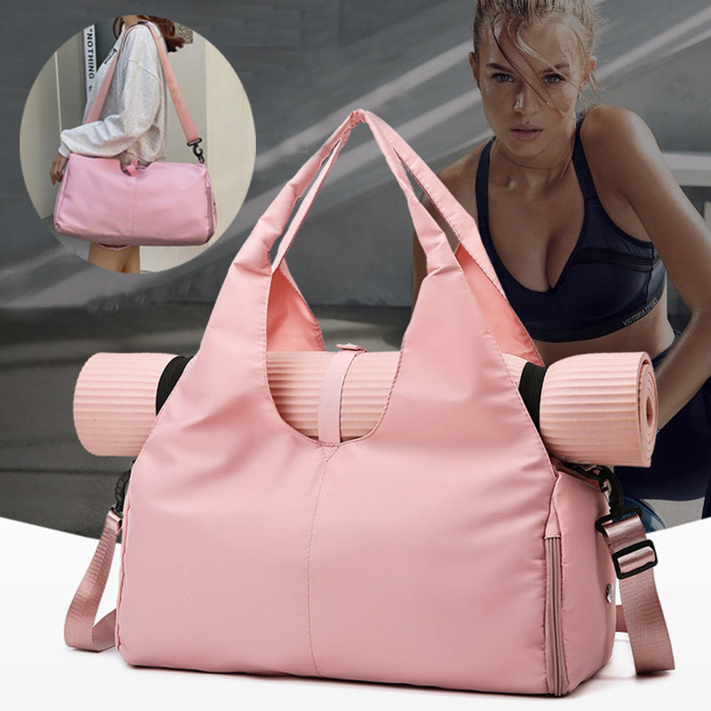 Women’s large Oxford cloth yoga and gym bag with a wet and dry separation compartment, yoga mat carrying design and dimensions of 49 × 25 × 21 cm or 19.3 × 9.8 × 8.3 inches.