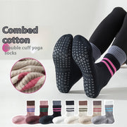 Women’s cotton mid-calf yoga socks with a non-slip grip sole, available in beige, black, grey, khaki, pink, purplish red and white.