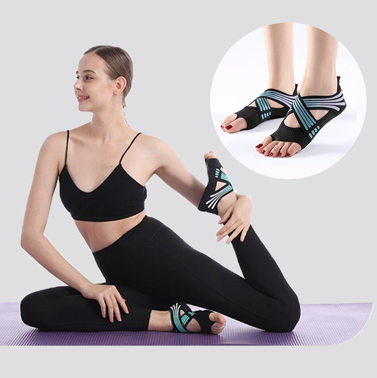 Women’s cotton yoga and Pilates socks with crossed top straps and non-slip grip soles, available in five colours and fitting approximately EU sizes 35 to 40.
