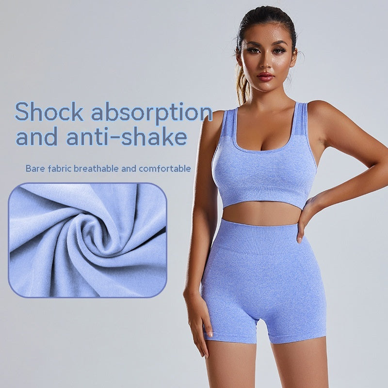 Women’s seamless summer yoga set with a fitted beauty-back sports top and matching stretch shorts, available in multiple colours and sizes S to L.