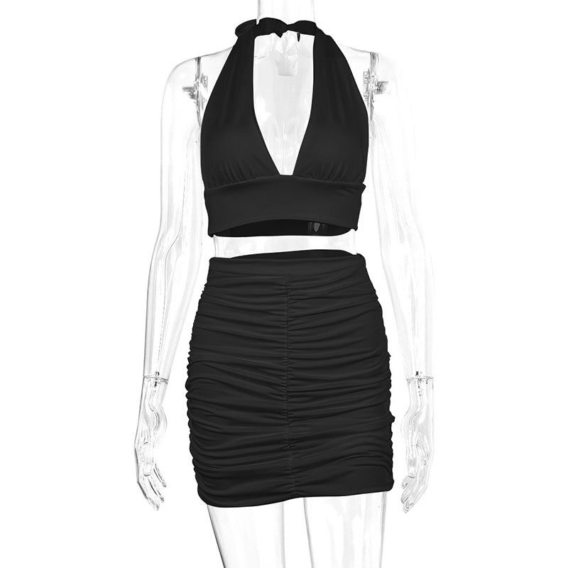 2pcs Dress Suits for Women Halter Lace-Up Hip Top and Pleated