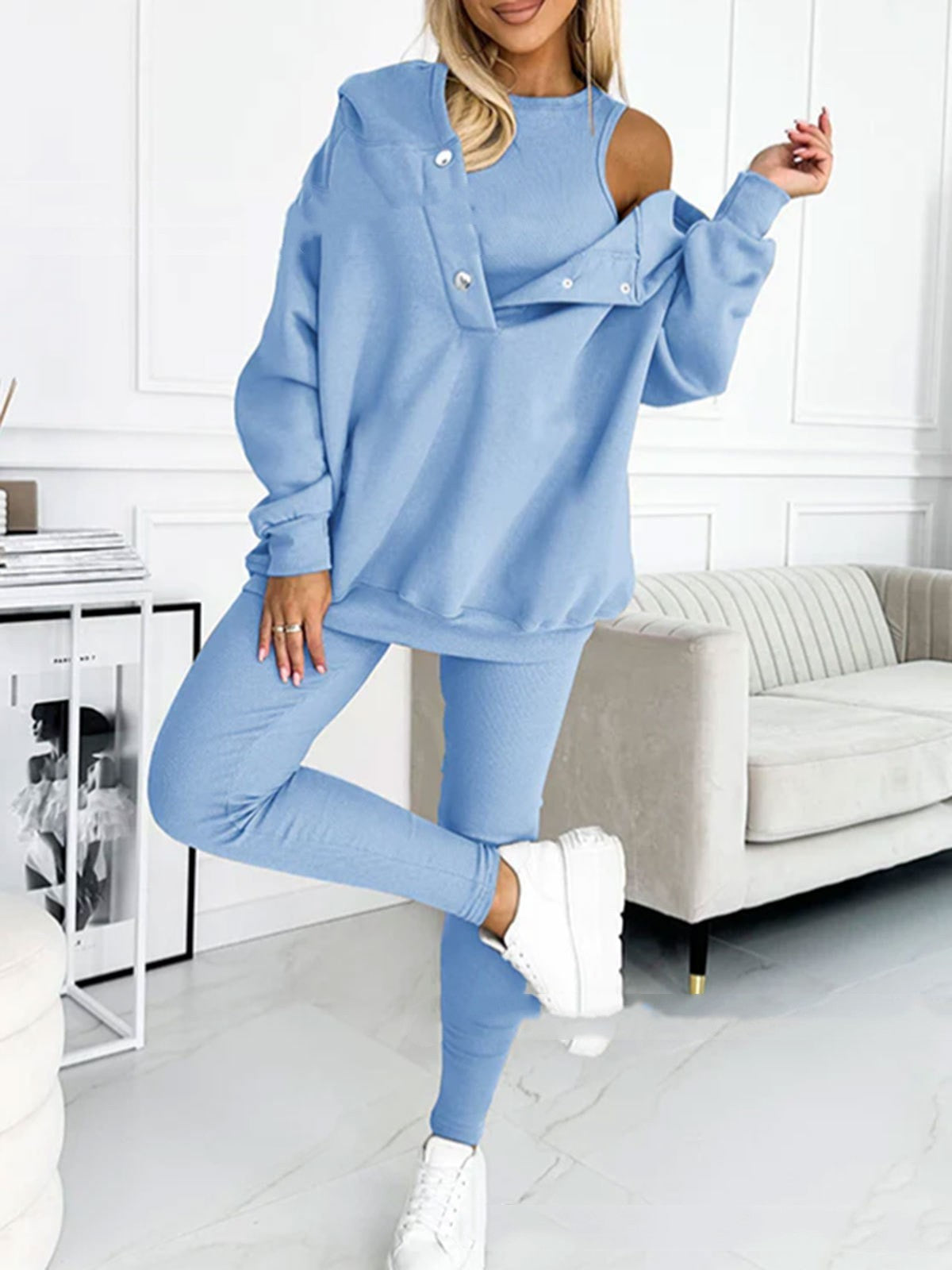 3pcs Women's Sports Suit Loose Hooded Pockets Sweatshirt and Vest