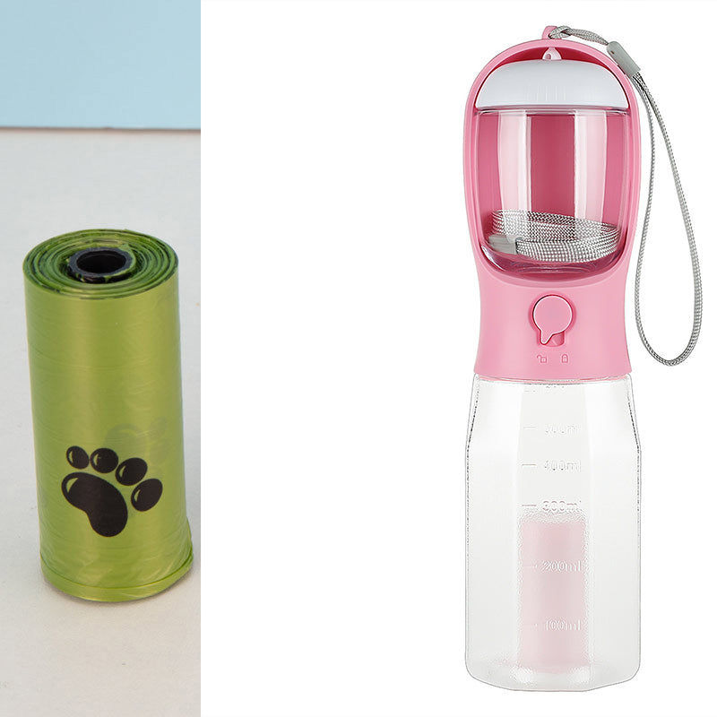 3-in-1 Dog Water Bottle 600 ml - Leakproof Travel Drinker, Food & Poop Bag Holder