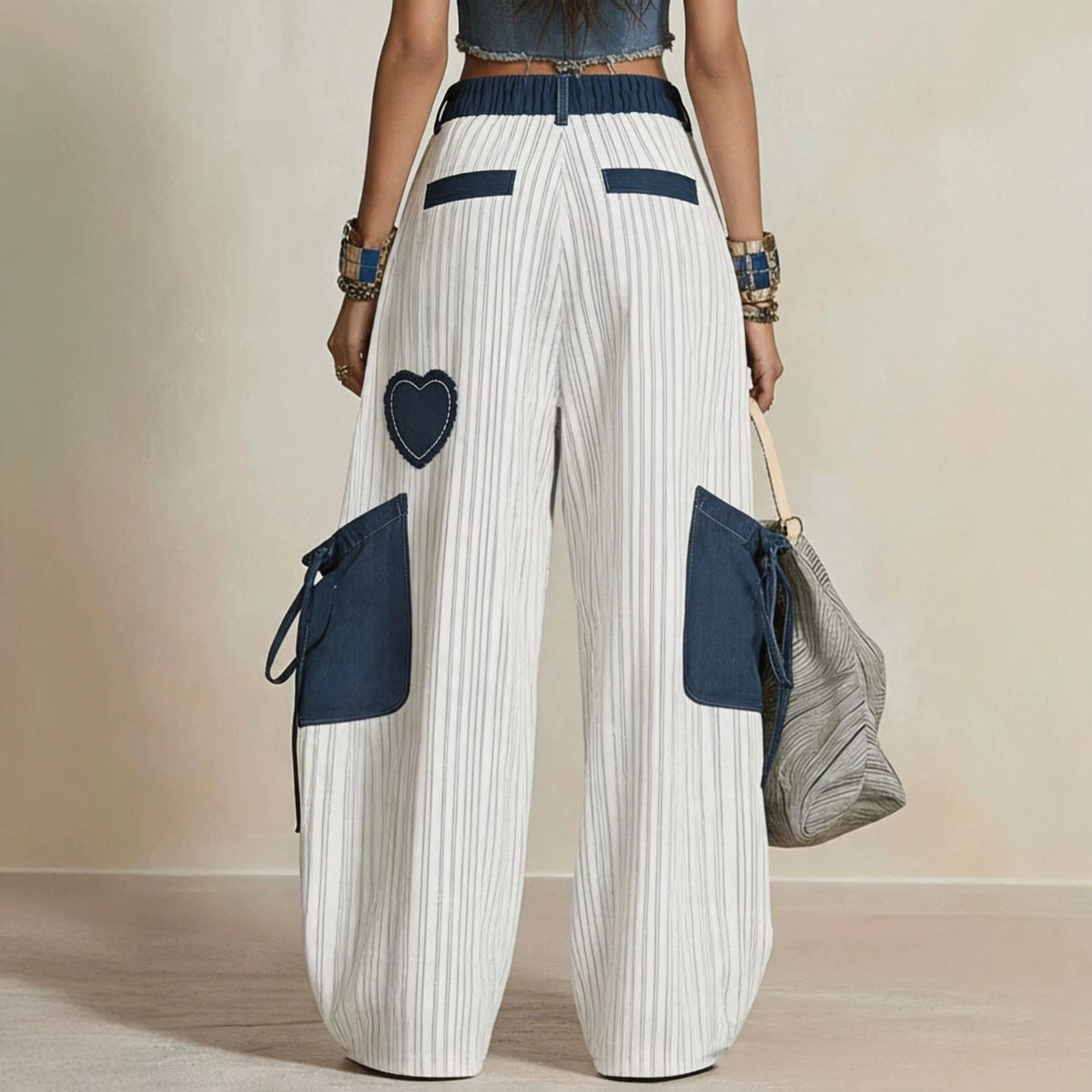 Women's White Wide-Leg Pants with Appliqué Details
