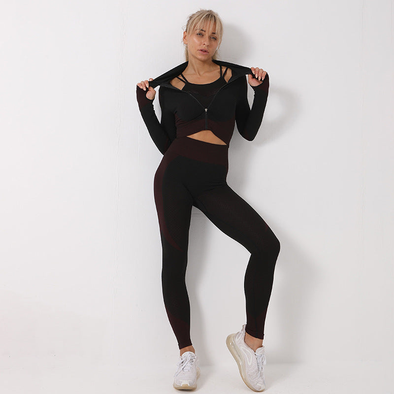 3PCS Yoga Set Seamless Sport Women Gym Clothing Leggings Crop Top