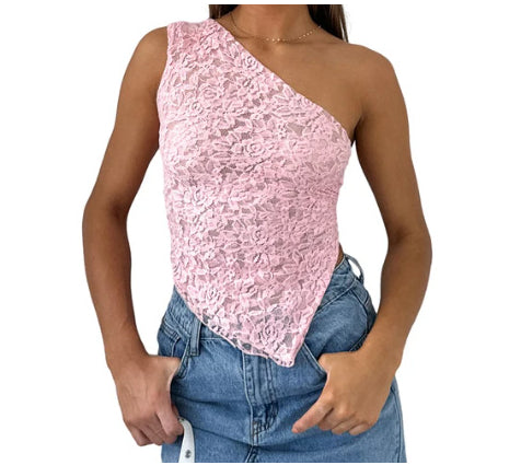 Lace Backless Top Summer Solid Color Waistless Asymmetrical Sloped