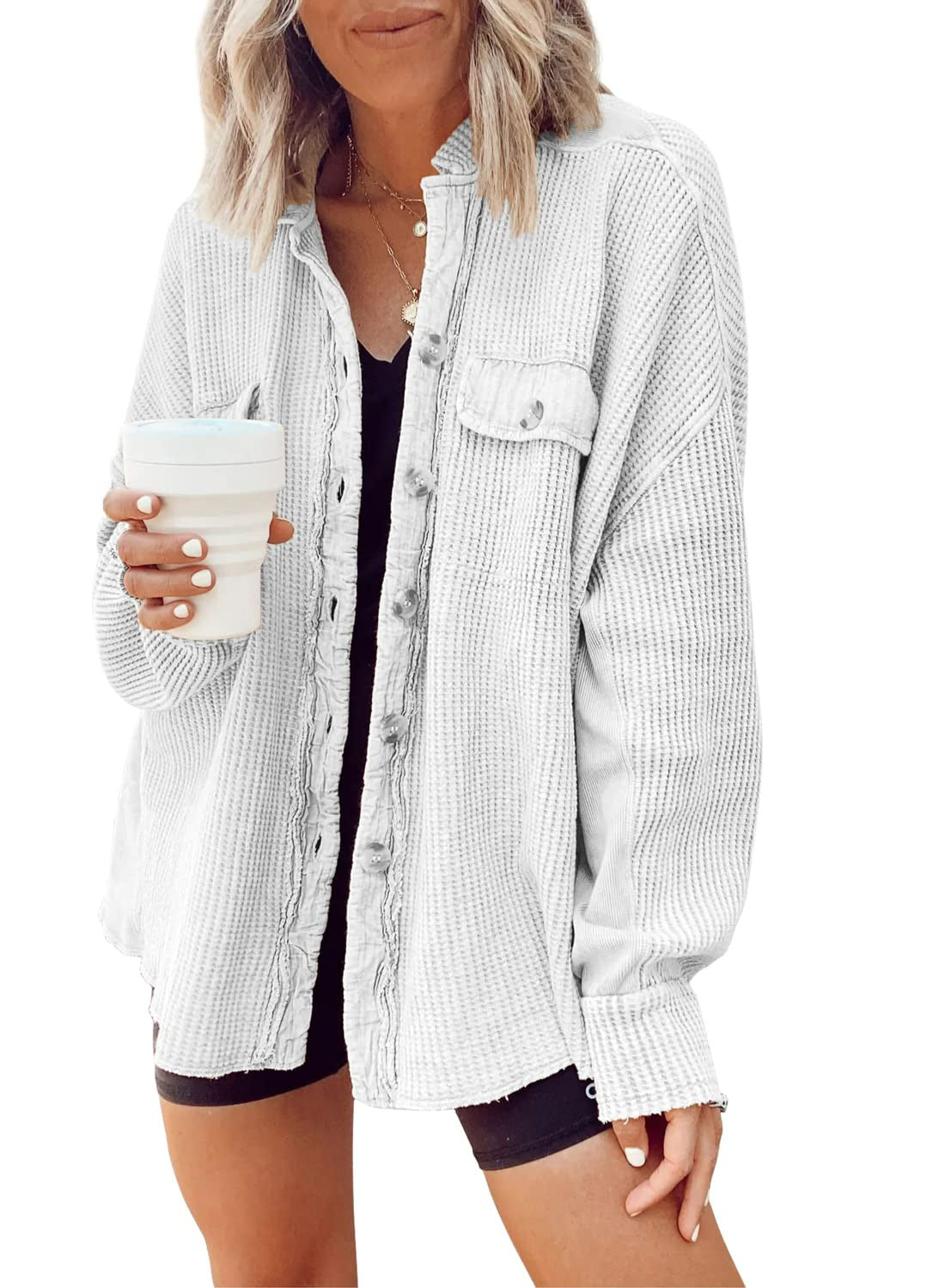 Button Shirt Jacket Women Lapel Long Sleeve Blouse Fashion Tops