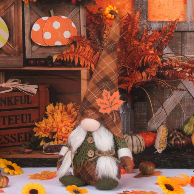 Halloween Fall Gnome Doll - Faceless Plaid Gnome with Maple Leaf, 51 cm