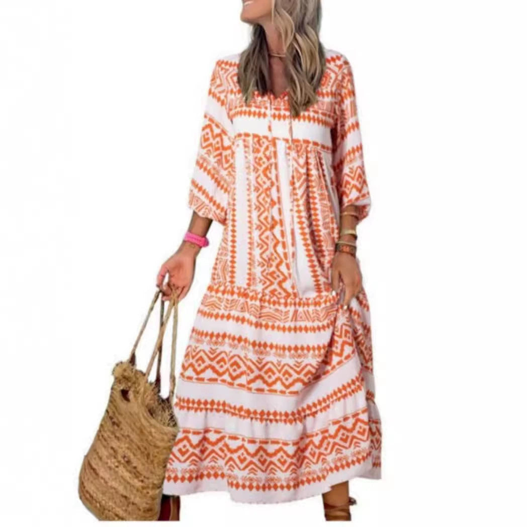 Summer Women's Vintage Printed Bohemian Dress Elegant Ladies Casual