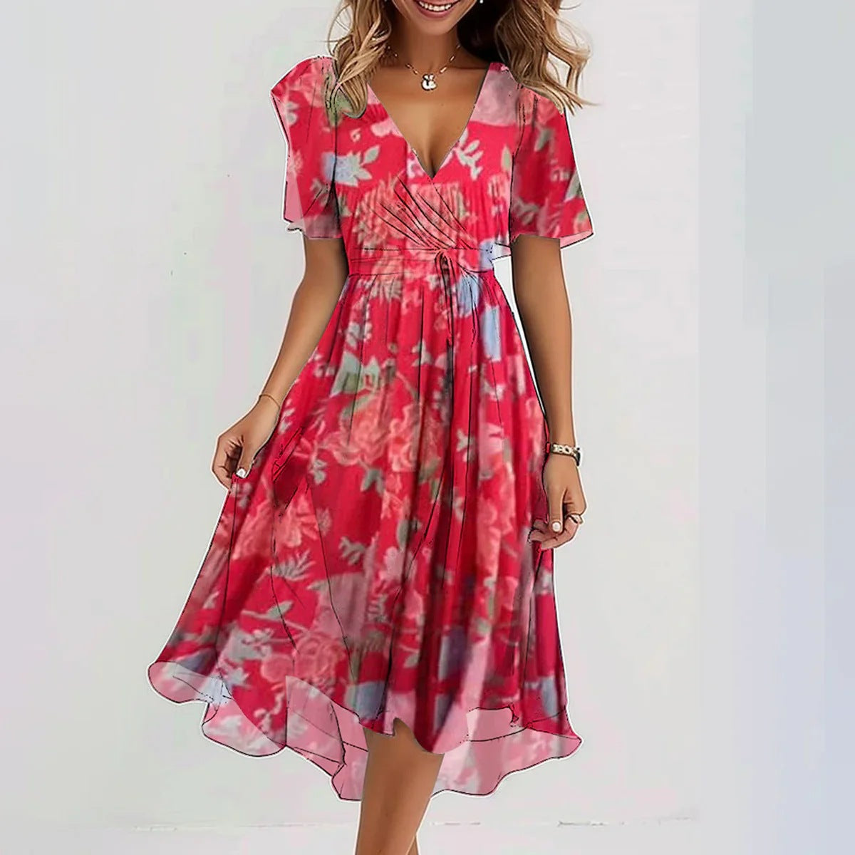 Chiffon Printed Short Sleeve Dress Summer Elegant V-Neck Dresses