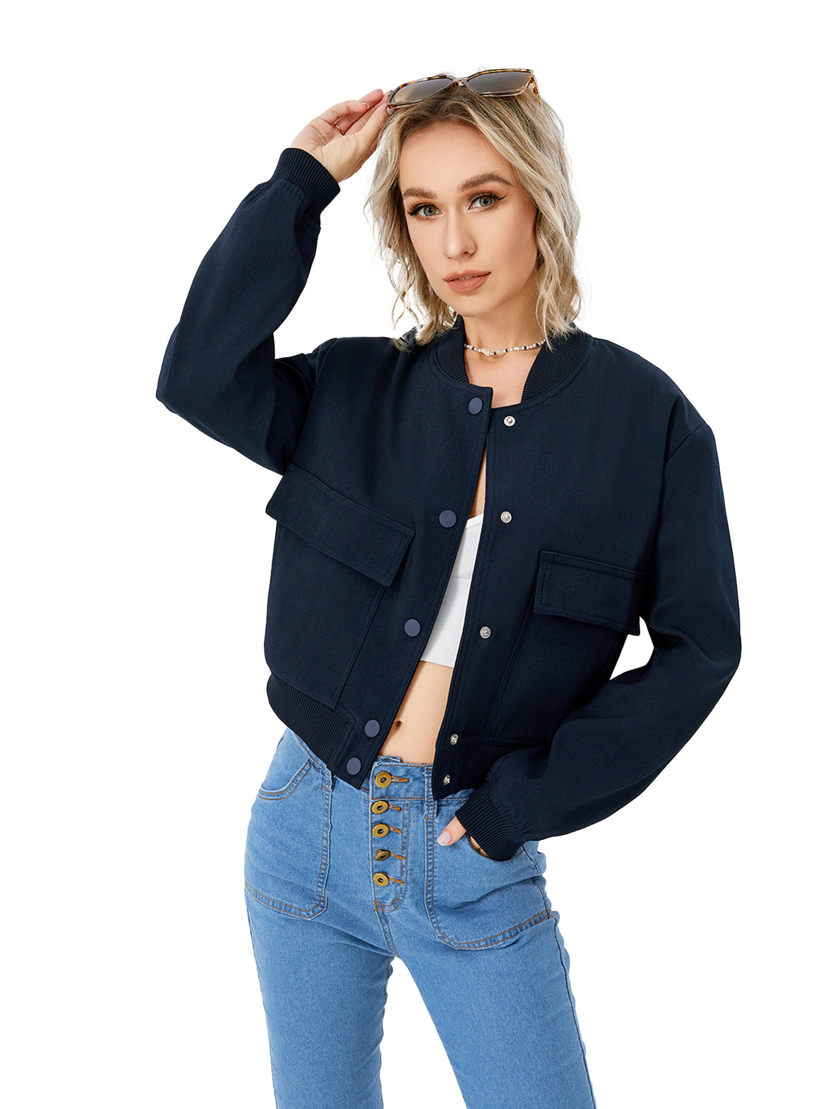 Women's Lightweight Cropped Bomber Jacket Casual Long Sleeve Varsity