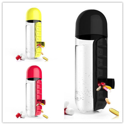 2-in-1 Water Bottle with Pill Box - Travel Cup with Storage