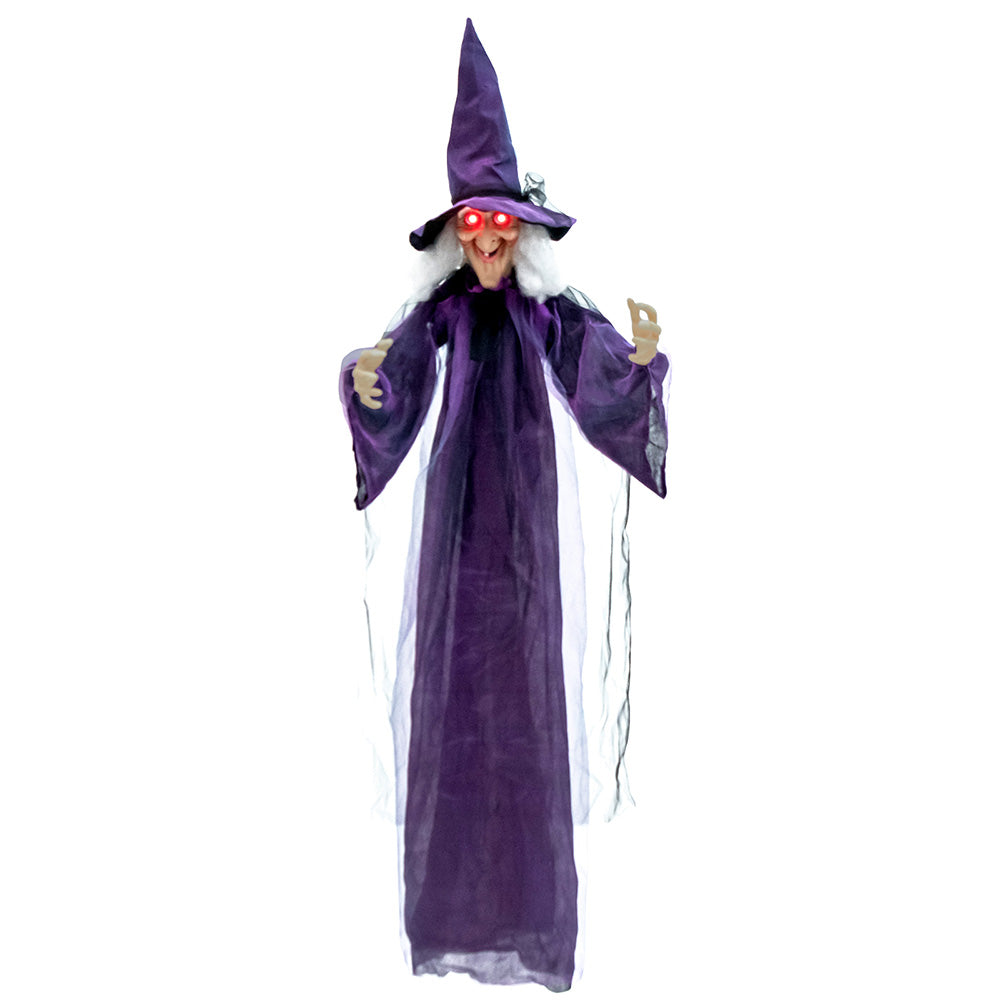 6ft Animated Hanging Witch - Talking Halloween Prop with Red Eyes