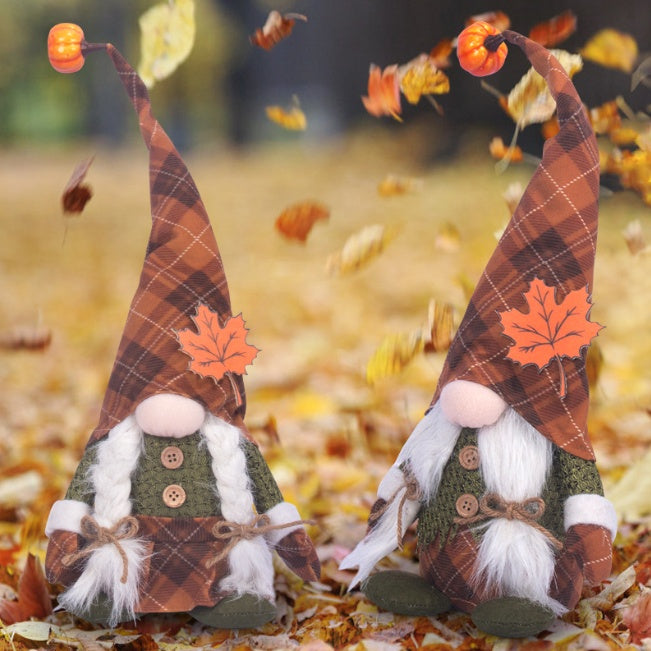 Halloween Fall Gnome Doll - Faceless Plaid Gnome with Maple Leaf, 51 cm
