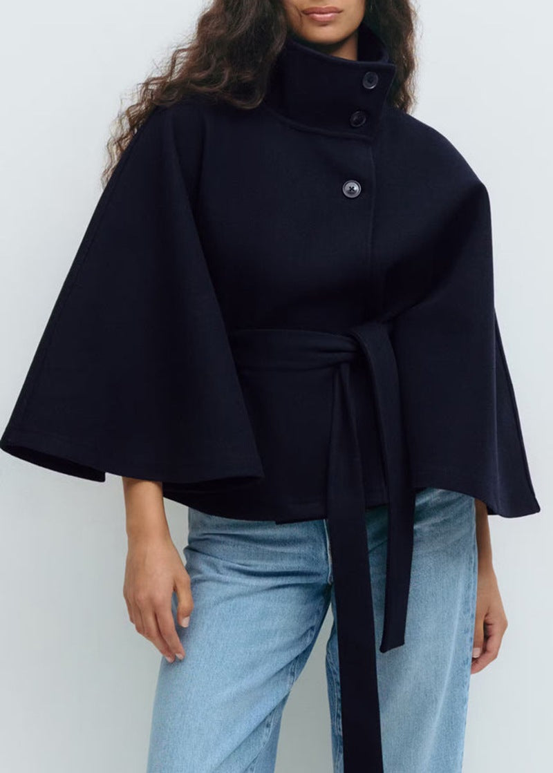 Winter High Neck Batwing Sleeve Coat with Belt Fashion Loose Elegant