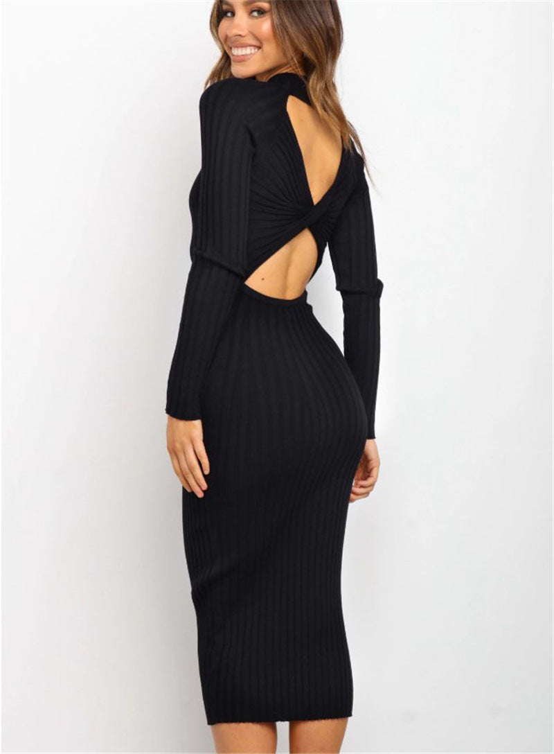 Women's Suits Sweater Dresses Solid Color Backless Bow Tight