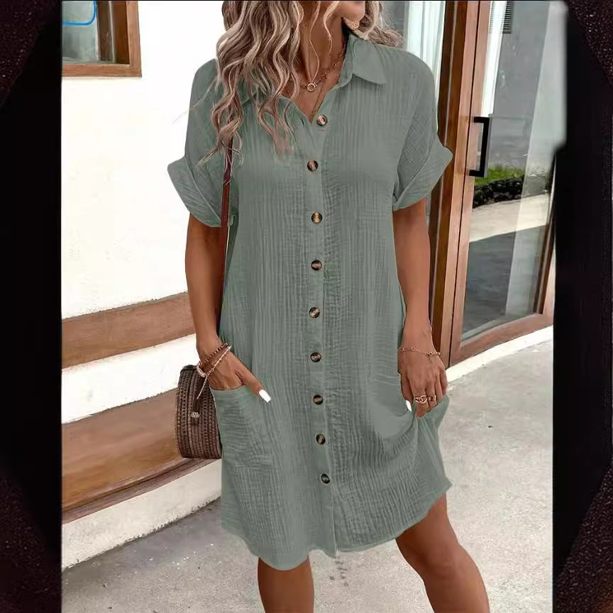 Summer Short Sleeve Shirt Dress Fashion Solid Color Single-Breasted