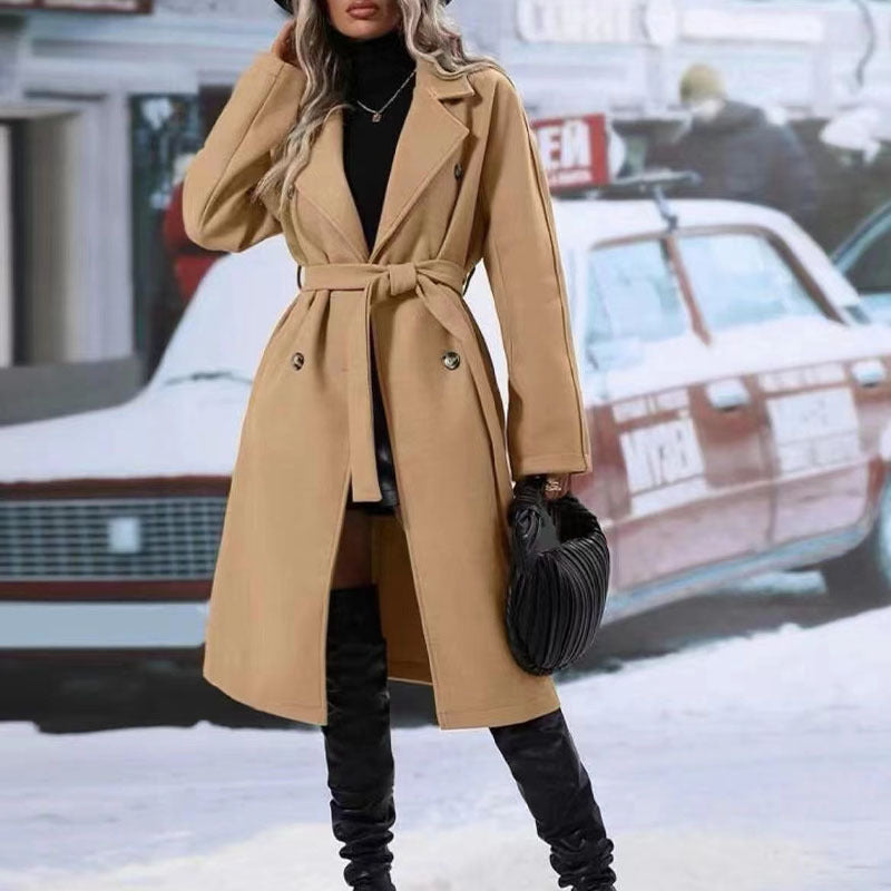 Lapel Double-Breasted Trench Coat with Belt Winter Fashion Solid