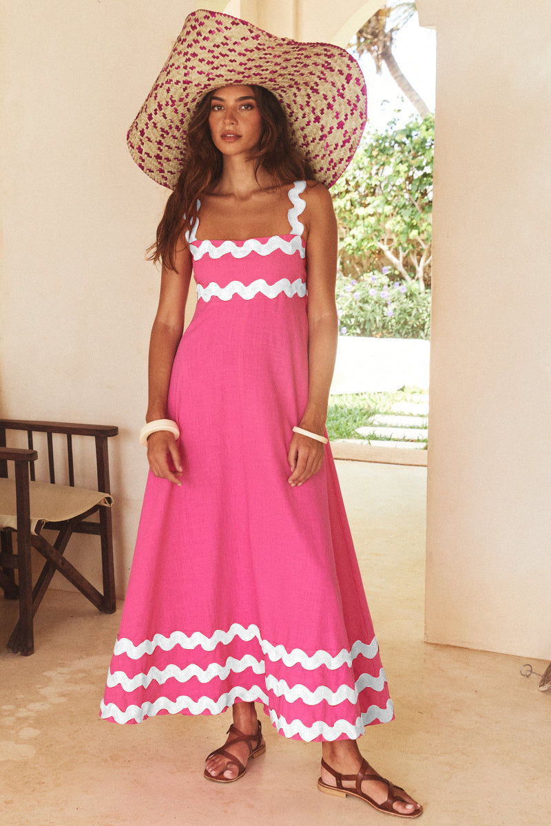 Flowers Print Wavy Pattern Suspender Long Dress for Women Fashion