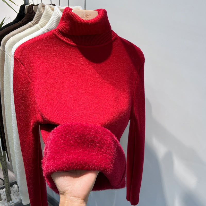 Fleece Turtle Neck Sweater Winter Warm Elegant Thick Knitted Pullover